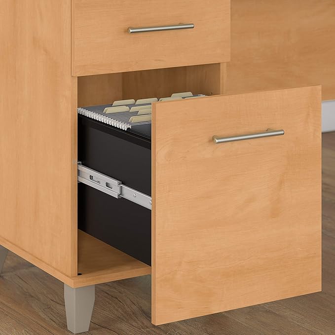 Bush Furniture Somerset 72W 3 Position Sit to Stand L Shaped Desk with Hutch and File Cabinet in Maple Cross