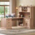 SEDETA 67" Farmhouse Desk with Hutch, L Shaped Office Desk with 4 Drawers & Storage Cabinet, Executive Corner Computer Desk with Sliding Doors, File Drawer & Power Outlet for Home Office, Oak