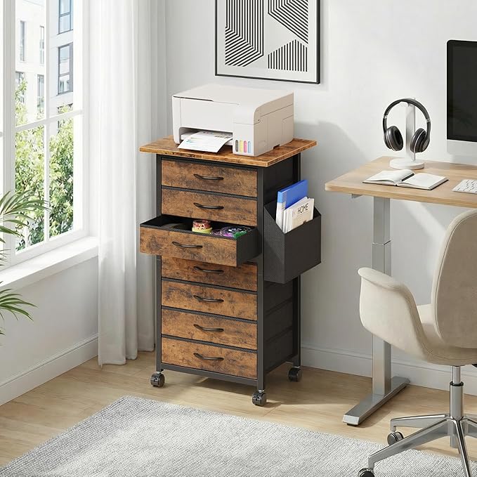 HIGDBFE 7 Fabric Drawers File Cabinet with Side Pocket, Rolling Printer Stand with Storage for Home Office, Wood Top Storage Cabinet for Documents and Crafts, Rustic Brown, 15" D