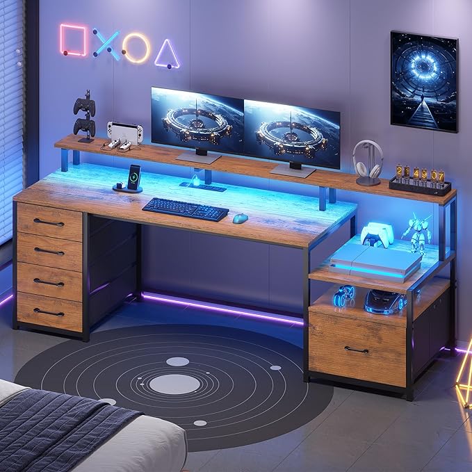 SEDETA Home Office Desk with File Drawer & Power Outlet, 66'' Computer Desk with 5 Drawer, Storage Shelves, Printer Cabinet and Monitor Shelf, Gaming Desk with Led Lights, Rustic Brown