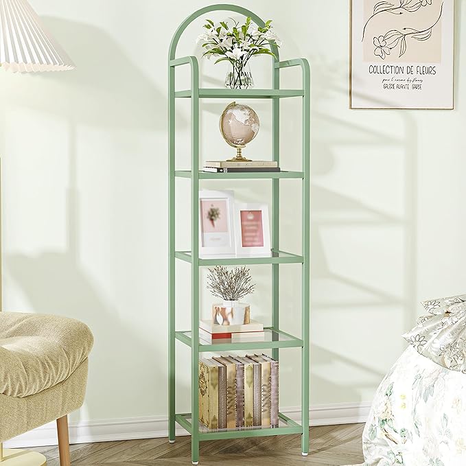 Hzuaneri Bookcase Bookshelf, Tempered Glass Bookshelves, Slim Shelving Unit for Bedroom, Bathroom, Home Office, Steel Frame, 5 Tier Green BC05099C