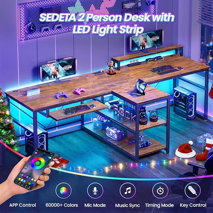 SEDETA 94.5" Home Office Desks, Computer Gaming Desk with Storage, LED Lights, Power Strip with USB, Keyboard Tray & Monitor Stand, Extra Long Double Desk for 2 Person, Rustic Brown