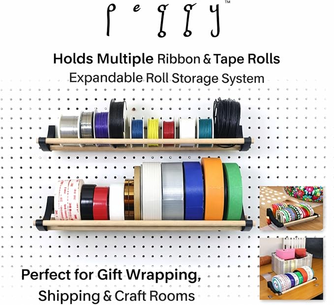 PEGGY Pegboard Accessory Hook and Dowel Organizer Storage for Tape, Steel Wire Spools, Ribbon, Crafts, Hobby, 12” kit (3PK White)