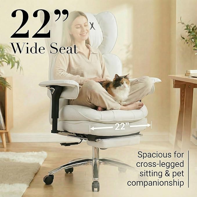 Efomao Big & Tall Executive Office Chair with Footrest - 400lbs Heavy Duty High Back PU Leather Desk Chair, Modern Ergonomic Reclining Computer Chair, White