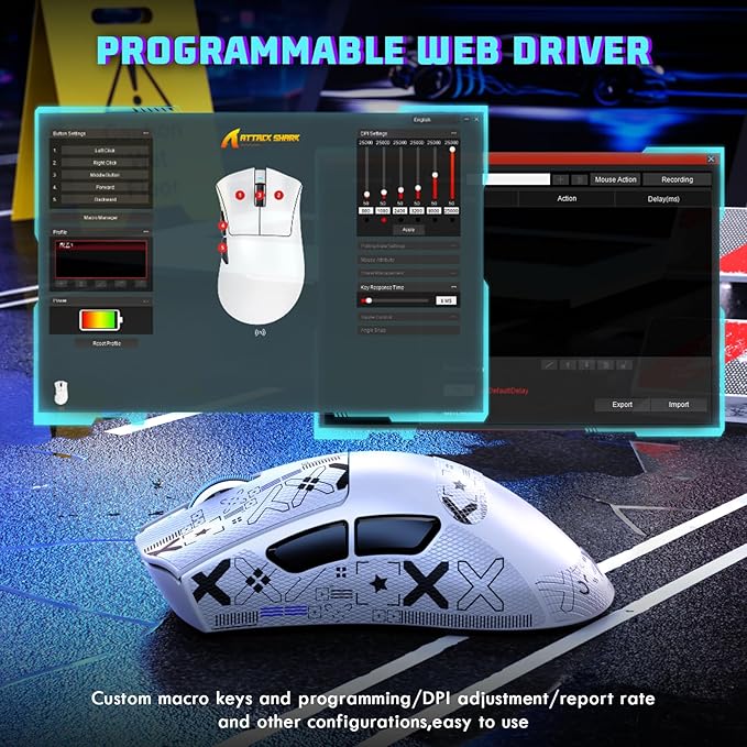 MAMBASNAKE Attack Shark V3 Wireless Gaming Mouse,Adjustable 25K DPI PAW3311 Optical Sensor,Ergonomic Lightweight 5 Programmable Buttons 500mAH Battery,2.4G/BT/USB-C Wired for PC/Mac-White&Griptape