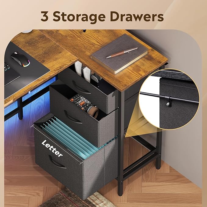 DEVAISE L Shaped Desk with Drawers and Storage, L Shaped Office Desk with Power Outlets, CPU Stand, Monitor Stand, Gaming Table with LED Light, Corner Desk for Home Office (Rustic Brown, 48*31 Inch)
