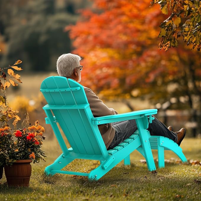 IVY&LANE Outdoor Adirondack Ottoman | Folding | HDPE | Aqua | All Weather | Waterproof Patio Footrest for Adirondack Chair | Poly Lumber Foot Rest for Deck Backyard