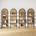 Nathan James Amara Bohemian 5-Shelf Etagere Bookcase, Rattan Open Bookshelf with Arch Top, Light Oak/Matte Black, Set of 4