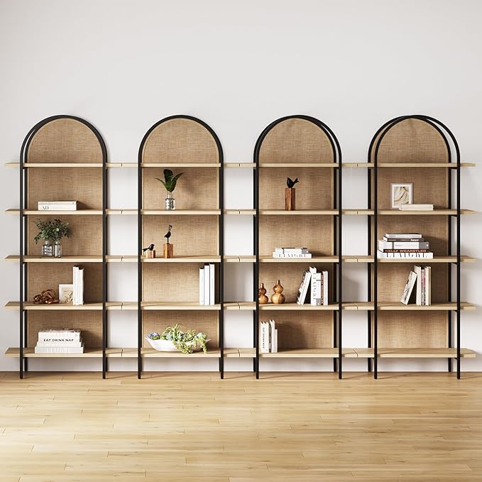 Nathan James Amara Bohemian 5-Shelf Etagere Bookcase, Rattan Open Bookshelf with Arch Top, Light Oak/Matte Black, Set of 4