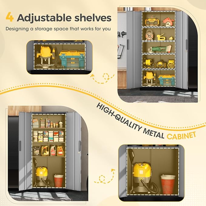 Greenvelly Metal Storage Cabinet,72 Inch Lockable Storage Cabinet with Doors and 4 Adjustable Shelves,Garage Storage Cabinet for Home,School,Gym(Black Grey)