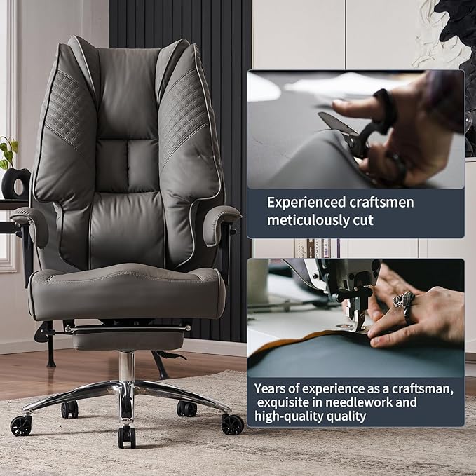 EXCEBET Big and Tall Office Chair 400lbs Wide Seat, Leather High Back Executive Office Chair with Foot Rest, Ergonomic Chairs Lumbar Support for Lower Back Pain Relief (Grey)