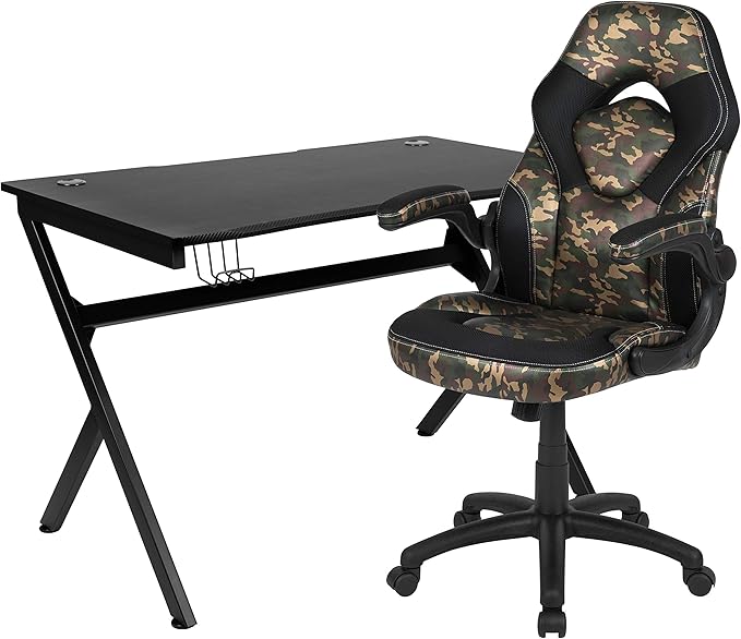 Flash Furniture Optis Black Gaming Desk and Camouflage/Black Racing Chair Set with Cup Holder, Headphone Hook & 2 Wire Management Holes