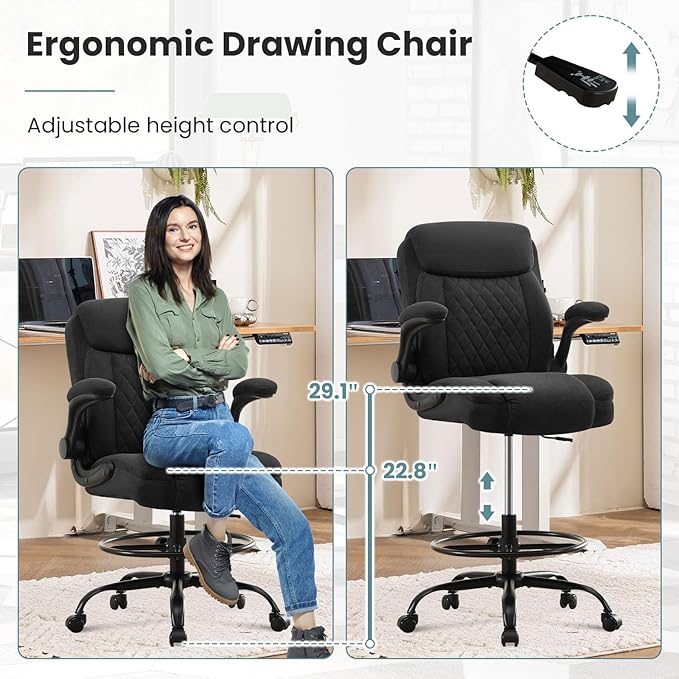 MAHOMICO Drafting Chair for Standing Desk – Tall Office Chair with Adjustable Height & Foot Ring, Flip-Up Arms, Lumbar Support – Comfortable Fabric Seat, Ideal Home Desk Chair