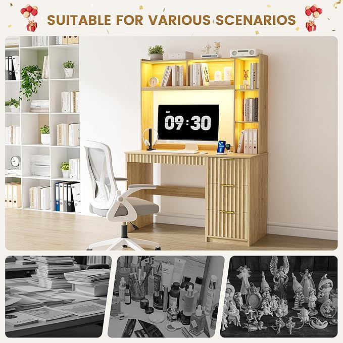 Lvifur LED Study Desk - with Hutch & Storage Cabinet,Home Office Desk with Outlet and 3 Color LED and Card-Based Lock,Writing Desk Computer Desks for Studyroom,Ideal for Office Set,Natural
