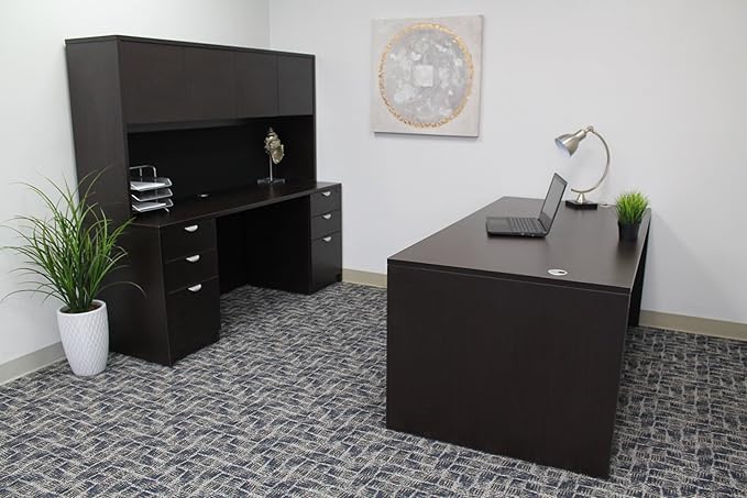 Boss Office Products Holland 71" Executive Desk and Credenza with 2 File Storage Pedestal and Hutch, Mocha