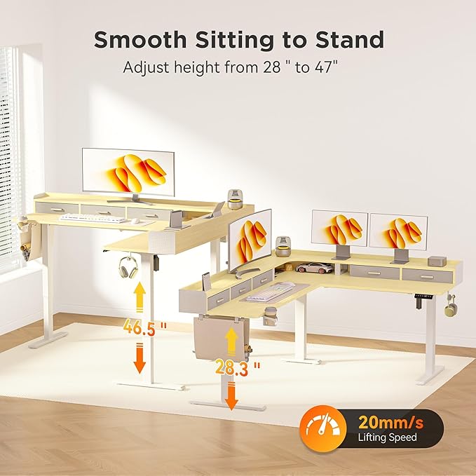 WALKINGDESK 75 Inches Height Adjustable L Shaped Standing Desk with 5 Drawers and Monitor Shelf, Electric Sit to Stand Home Office Comupter Table, Ergonomic Corner Gaming Desk, Oak