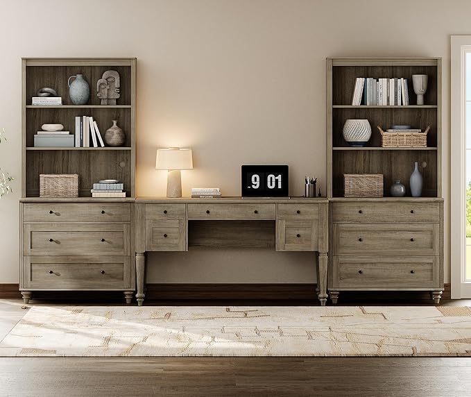 WAMPAT Home Office Furniture Set, 56'' Executive Desk with Charging Station, 72" Tall Bookcase with 6 Drawers, Wood Computer Desk with File Cabinet Storage, Open Shelf, Wash Grey