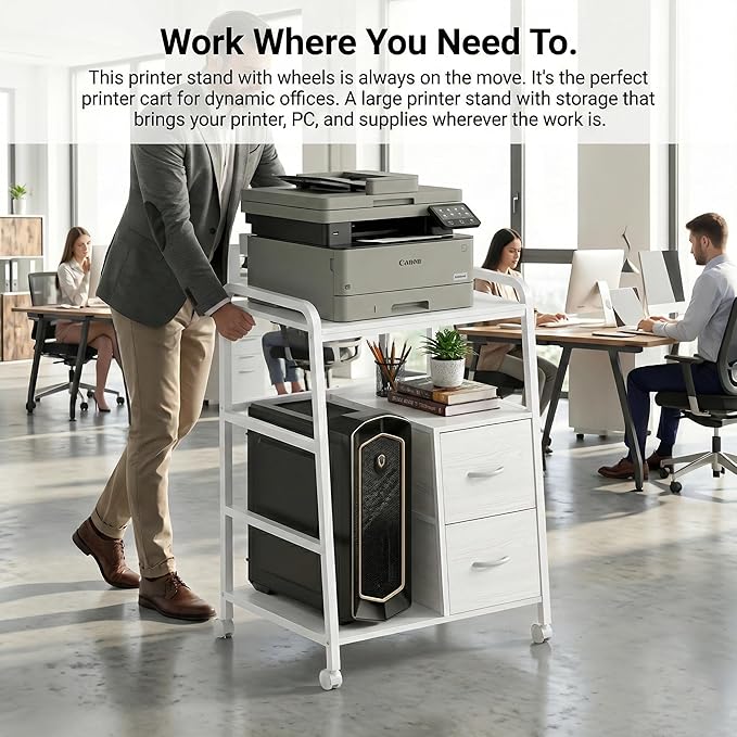 Printer Stand Featuring Fabric Drawers, Under Desk Host Computer Cabinet and Shredder Shelf, Heavy Duty Printer Stand with Storage Workstation Organization Printer Table for Home Office