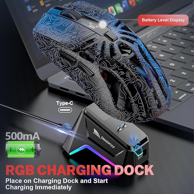 RGB Magnetic Charging Dock Gaming Mouse, 12K DPI, PAW3311 Sensor, Tri-Mode Wireless, 6 Programmable Buttons, Ultra-Light 72g for PC/Mac (Black)