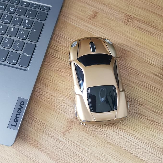 Wireless Car Mouse for Computer, 2.4G USB Receiver, 1600DPI Adjustable, Cool Sport Car Design, Plug & Play, Compatible with Laptop PC Mac Windows Linux, for Boys & Men (Gold)