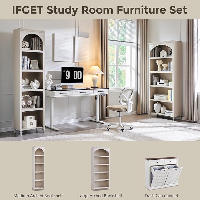 IFGET 76" Tall Arched Bookcase, Farmhouse 5 Tiers Large Arched Bookshelf Cabinet with Adjustable Shelves, Modern Wooden Book Shelf w/Storage and Open Display Shelves for Living Room, Office-Cream