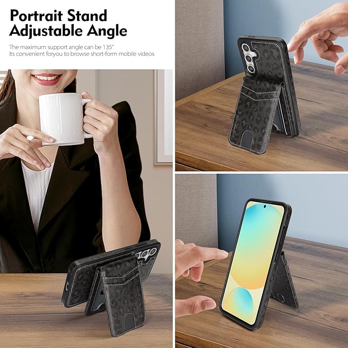 SkyEagle Compatible with Magsafe 2 in 1 Detachable Samsung Galaxy S25 Plus Wallet Case with Card Holder,Women Men Magnetic PU Leather RFID Blocking Flip Folio Kickstand Credit Slots,Leopard-Black
