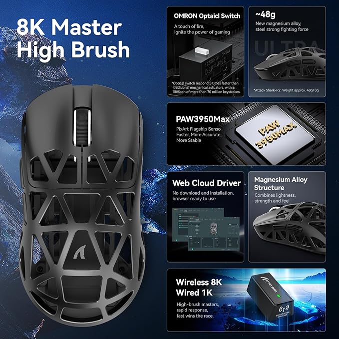 ZIYOU LANG Attack Shark R2 Wireless Gaming Mouse, Superlight Magnesium Alloy, PAW3950 42000 DPI Optical Sensor, 8000Hz Polling Rate, 2.4G/BT/Wired Programmable Mice for Win Mac Gamer (Black)
