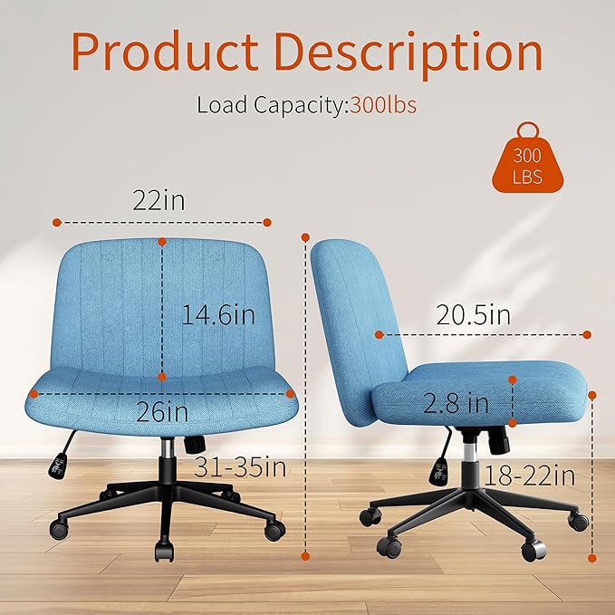 Meilocar Criss Cross Chair with Wheels, Cross Legged Office Chair, Armless Office Chairs Adjustable Height Swivel Tilting Fabric Vanity Chairs for Home Bedroom (Blue)