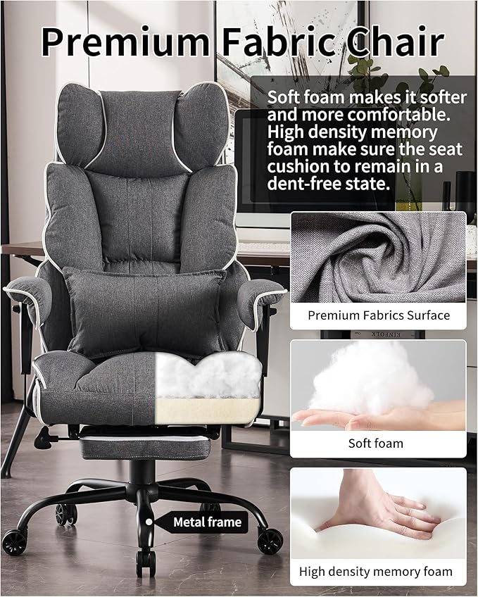 Efomao Fabric Office Chair, Big and Tall Office Chair 400 lb Weight Capacity, High Back Executive Office Chair with Foot Rest, Ergonomic Office Chair for Back Pain Relief, Gray