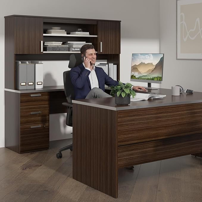 Bestar, Ridgeley Collection, Modern Executive Computer Desk with Pedestal and Hutch