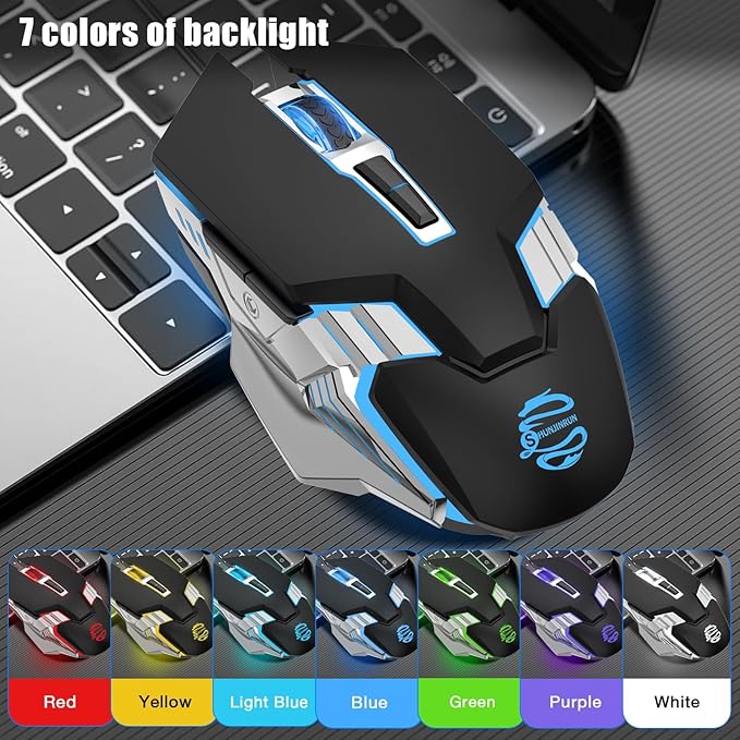 Bluetooth Mouse Wireless, Rechargeable,7 Buttons, Silent Click, Ergonomic, 7-Color Backlit, Multi-Device(2.4G/BT5.0/BT3.0), LED Light up Mice for Laptop, Computer, Mac, PC, Chromebook - Black