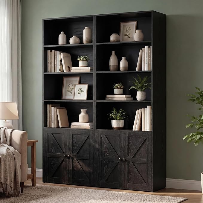 YESHOMY Farmhouse Bookshelf and Bookcase with Doors, Industrial Bookshelves and Bookcases Floor Standing Display 6-Tier Shelf Storage Shelves 71.5 inchs for Home Office, Living Room, Black, 2 PCS