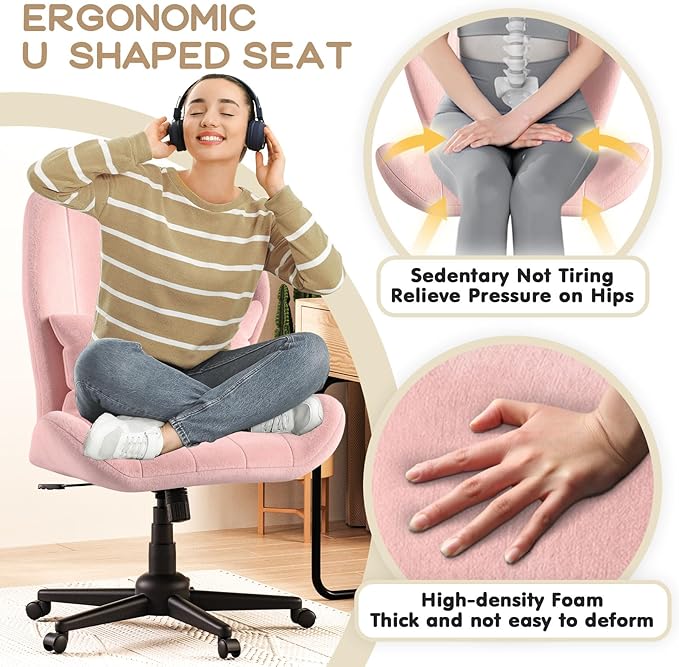 ZZW Criss Cross Chair with Wheels, Wide Cross Legged Office Chair Armless Comfy Desk Chair with Tall Back Vanity Chairs with Stress Relief Curved Design Seat for Bedroom & Office & Home Pink