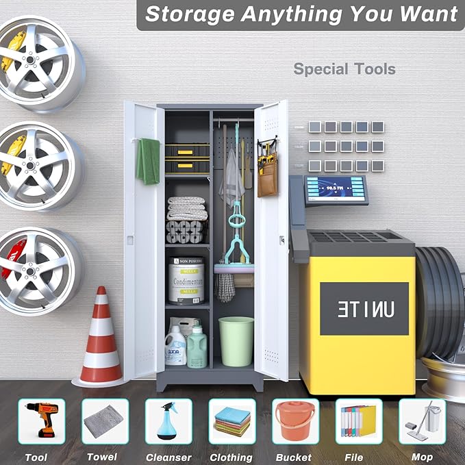 IRONFFICE Metal Storage Cabinet with Lock,65" H Laundry Room Cabinets with Pegboard,Locking Metal Cabinet Heavy Duty for Garage Office,School,Warehouse,Grey-White
