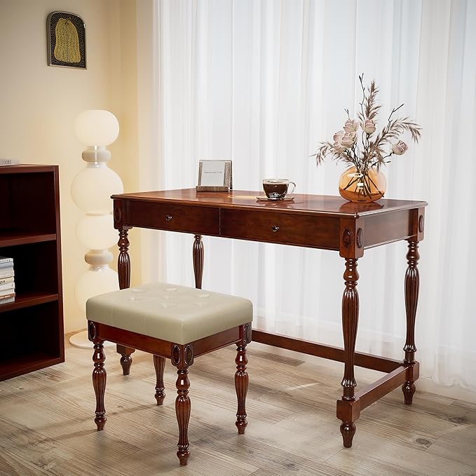 Vintage Wooden Writing Desk Stool Set, Large Secretary Desk and Cushioned Stool Set with 2 Drawers, 46" W Wood Writing Table Vanity Makeup Table Sets for Home Office-Cheery&Beige