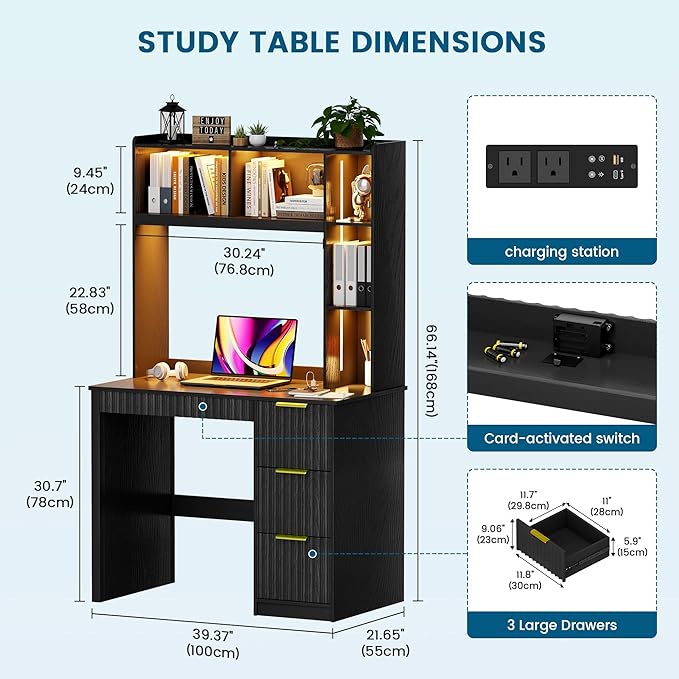 WOOVIVS Home Office Desk with Hutch & LED Lights - 39" Computer Desk with Charging Station, 3 Large Drawers, Hidden Compartment & Fluted Panel Design,Black Writing Desk for Bedroom, Study