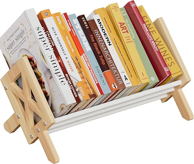 Desktop Bookshelf Organizer, Wood Office Tabletop Book Storage Rack, Tilting Bookcase for Books/CDs/Magazine Display (White)