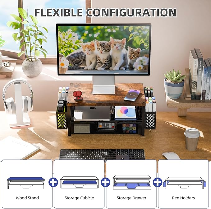 Simple Trending Wood Monitor Stand Riser, Desk Organizers and Accessories, 2-Tier Computer Rack with Drawer and Pen Holder for Desktop PC, Printer, Office Equipment – Desk Organizer for Home Office