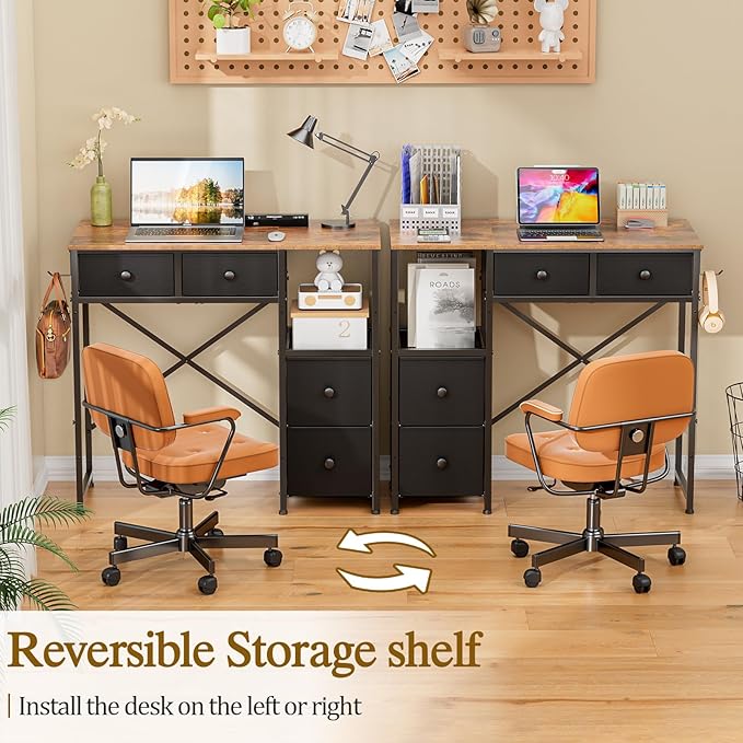 3IngSeagulls Small Computer Desk with 4 Fabric Drawers, Simple Writing Desk for Home Office, Compact Study Desks for Small Spaces, Kids Desk Study for Bedroom, Rustic Brown