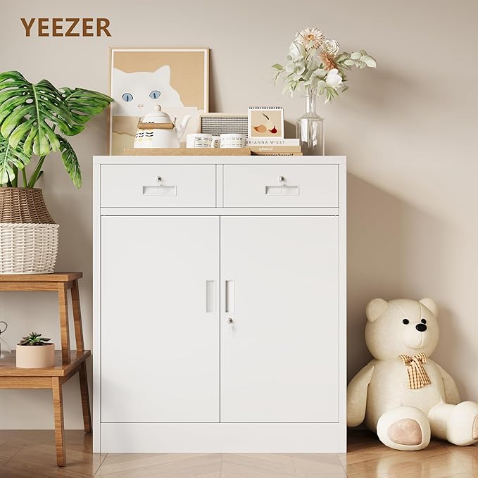 Metal Storage Cabinet with 2 Drawers, 36" H Locking Storage Cabinet, Metal Cabinets with Doors and Shelves for Home, School, Office, Garage, White
