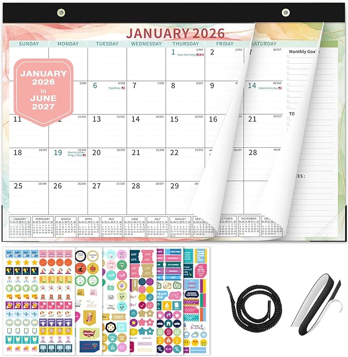 Ospelelf Magnetic Calendar 2026-2027 for Refrigerator, Desk Wall Calendar, January 2026 - June 2027, Monthly Large Planner Pad with Plastic Cover 17" X 12" Multicolor