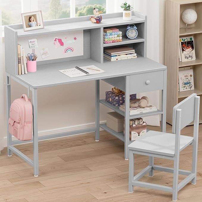 BOLUO Grey Kids Desk and Chair Set for 6-12 Year Old, Children Study Desk with Hutch and Storage Shelf, Student Writing Table with Fabric Drawer for Girls Boys