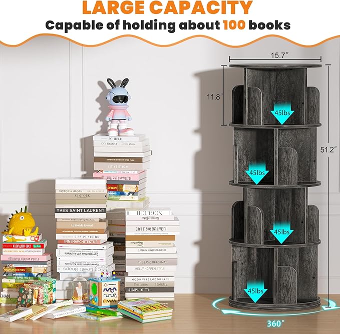 Besiost Rotating Bookshelf, Wood Corner Bookshelf, 360 Display Spinning Bookcase Storage Rack, 4 Tier Floor Standing Revolving Bookcase Narrow Book Shelf Organizer for Small Space, Bedroom, Grey Oak