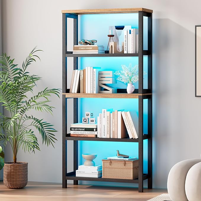 Vlsrka Wooden Bookshelf with Lights, 5 Tier Bookshelf with Storage, Tall Bookcase with Open Shelves, Standing Bookshelves Display Rack for Living Room, Home Office, Black