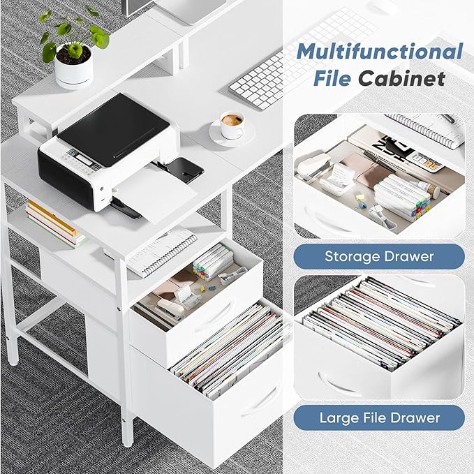 DUMOS 62 Inch L Shaped Gaming Desk with Charging Station & 2 Monitor Stands, Computer Desk with Drawer & Adjustable Storage Shelves, Large Corner Desk for Home Office, White