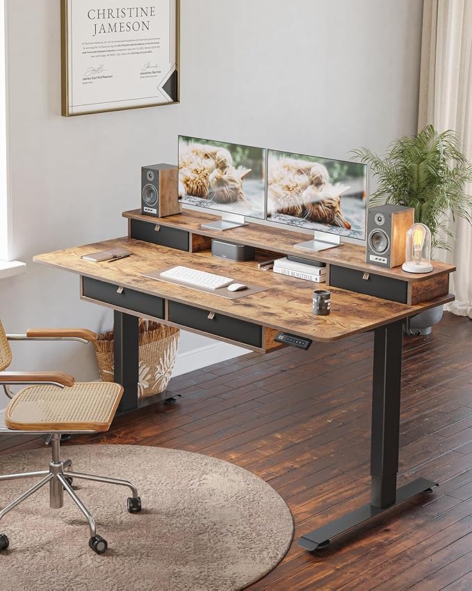 CubiCubi 48" x 24" Standing Desk with Drawers, Electric Height Adjustable Workstation, Computer Sit Stand Up Office Table with Large Storage Shelf, 4 Drawers and 2 Hooks, Rustic Brown