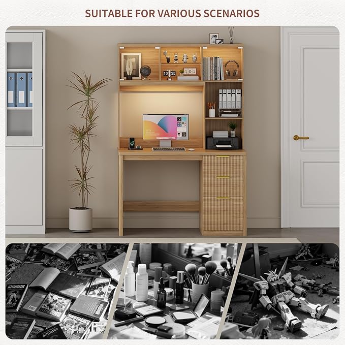 Lvifur LED Study Desk with Hutch & Storage Cabinet, 47" Home Office Desk with Outlet and 3 Color LED, Writing Desk for Bedroom, Computer Desks for Studyroom, Ideal for Office Set, Natural