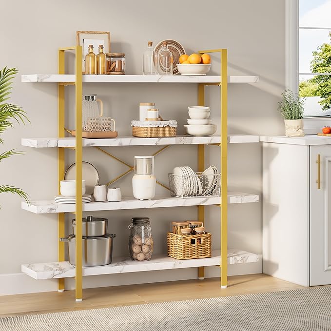 OtterOasis Heavy Duty 4-Tier Industrial Bookcase, 47" Wide Wood Bookshelf for Home Office, 120lbs Shelf Capacity, Shelving Display with Reinforced Horizontal Shelf for Living Room Bedroom,White