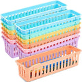Domensi 12 Pack Slim Plastic Storage Baskets Tray for Organizing 10.25x3.25x2.5 Inch Small Narrow Storage Bins Stackable Drawer Pencil Trays Holder for Desk Garage Cabinet Container (Vivid Colors)