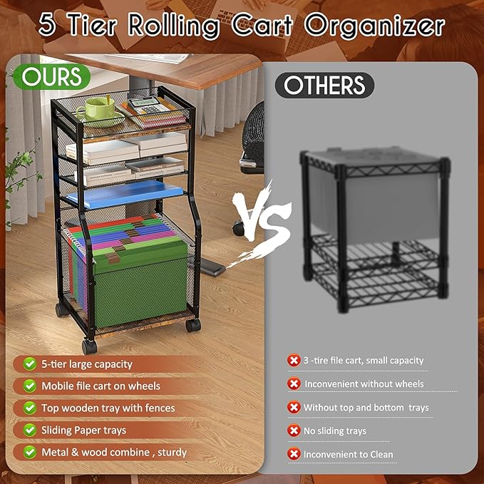 5-Tier Rolling File Cart with Lockable Wheels, Mobile Desk File Organizer Hanging File Folders Paper Letter Sliding Trays, Black Wood & Mesh Hanging Folder Drawer Organization for Office, Home, School